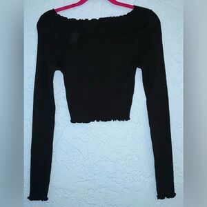 American Eagle Long Sleeve Black Off-Shoulder Crop Top Sweater